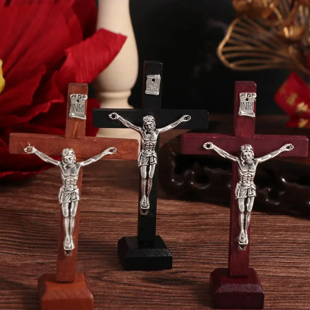 With Stand Wood Crucifix Religious Charm Prayer Catholic Jesus Cross Wooden Catholic Vintage Religious Decoration