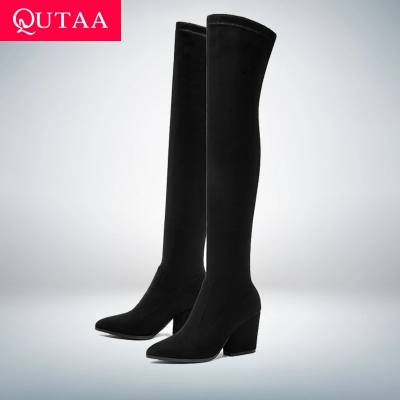 QUTAA 2021 Women Over The Knee High Boots Wedges Heels Winter Shoes Pointed Toe Sexy Elastic Fabric  Women Boots Size 34-43