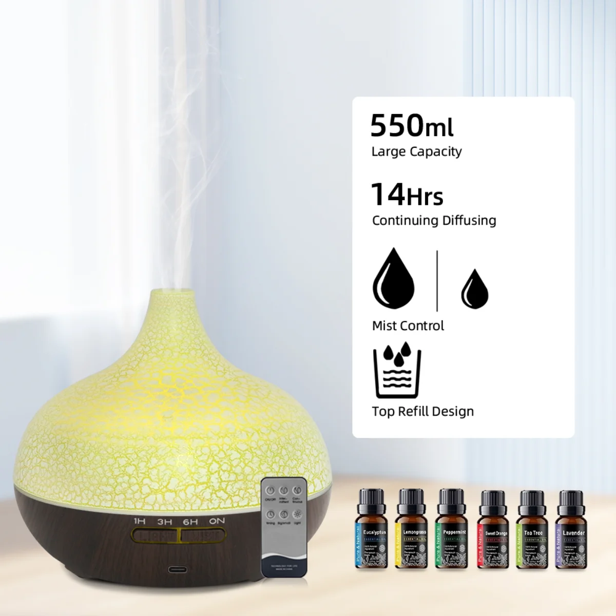 

Комбинированный увлажнитель воздуха и диффузор с дистанционным управлением для большой комнаты, ультразвуковой прохладный туман 550 мл, автоматическое отключение, ультра тихий для спальни