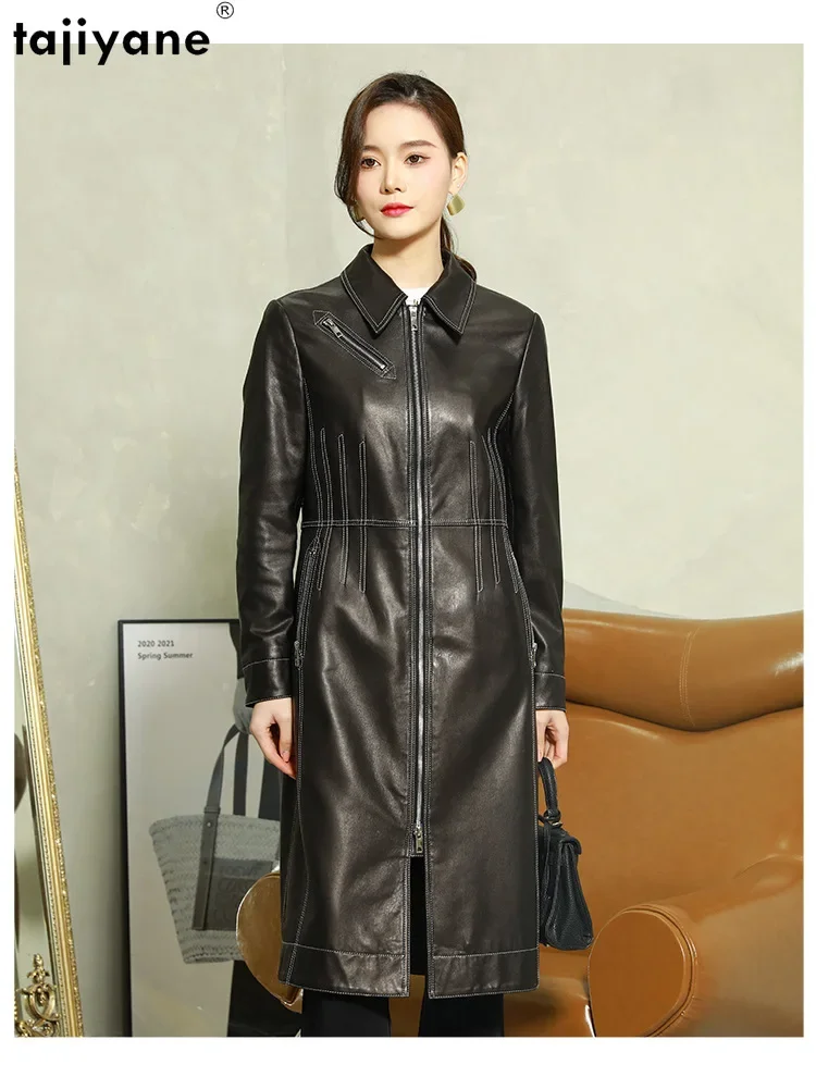 Tajiyane 100 % echte Schaffell-Lederjacke für Damen, 23, mittellanger, lässiger Echtledermantel, modische Lederjacken, Windjacke