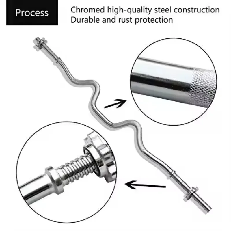120cm Super Curl Threaded Barbell Bar with Swivel Collar Curved Bar Steel Chrome Weight Bar