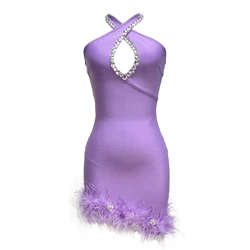 Women Elegant Bandage Dress Sexy Feathers Hollow Out Clothes Club Party Evening Dresses
