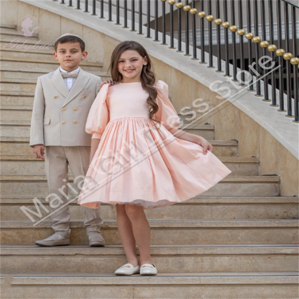 

Elegant Pink Satin Flower Girl Dress For Wedding Knee Length With Bow Child's First Eucharist Prom Party Dress