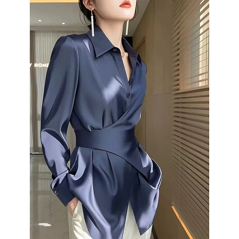 

Ladies Temperament Buttons Solid Color Turn-down Collar Blouse Spring Summer Fashion Irregular Satin Corset Shirt Tops XQ191