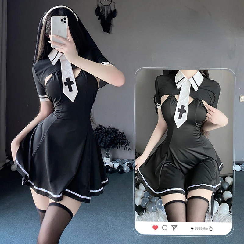 

Sexy Nun Cosplay Halloween Costume Erotic Kawaii Lingerie Clothing Anime Goth RolePlay Outfit Woman Vintage Shawl Mini Dress