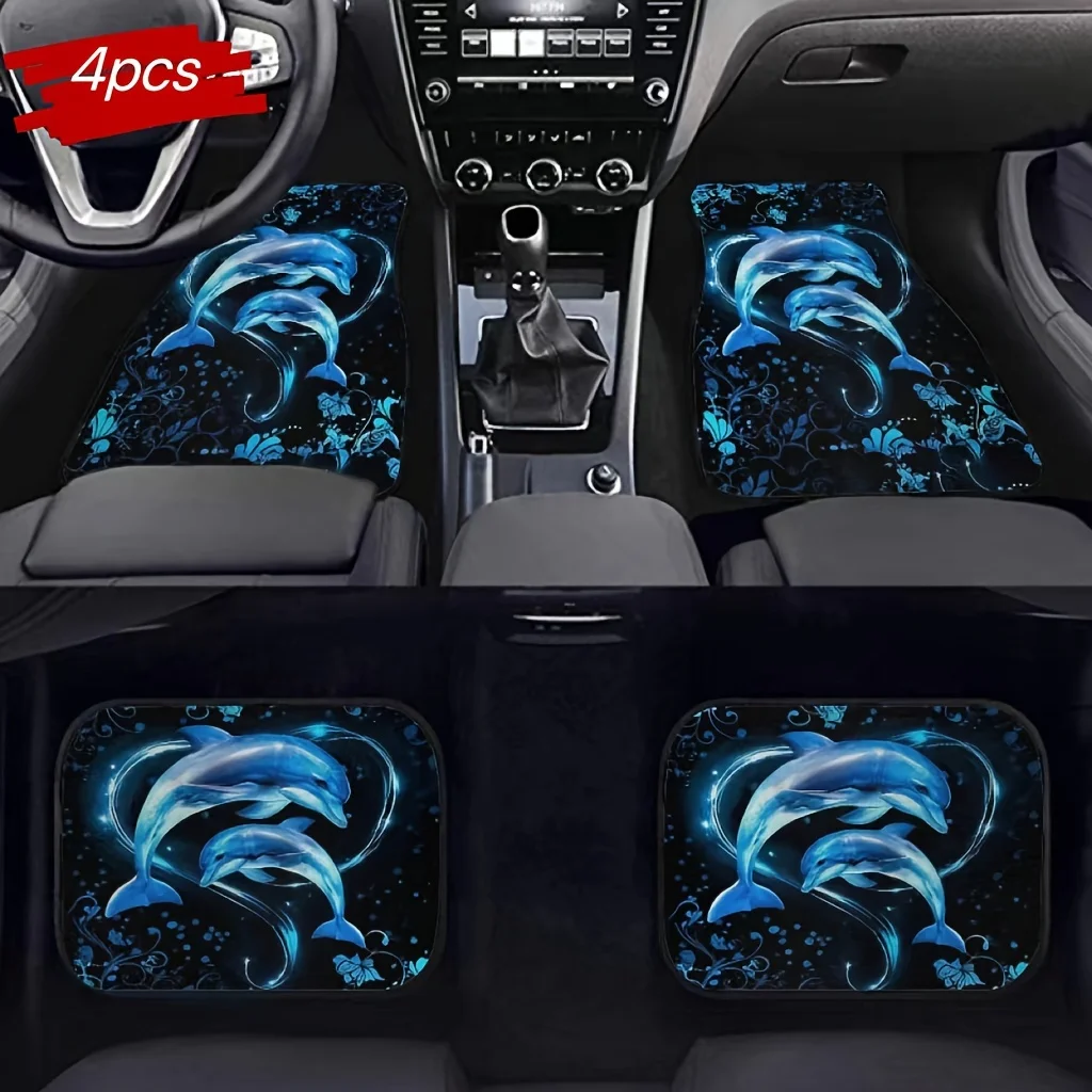 

4-Pack Cute Dolphin Love Theme Car Floor Mats, All-Weather Vehicle Mat, Universal Fit For Sedan, SUV, Polyester Material, Non-Sl