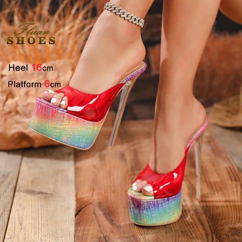 

Summer New Women's 16CM Stiletto Slippers Nightclub Party Shoes Sexy Super High Heels Thick Soled Clear Peep-toe Sandals 35-42