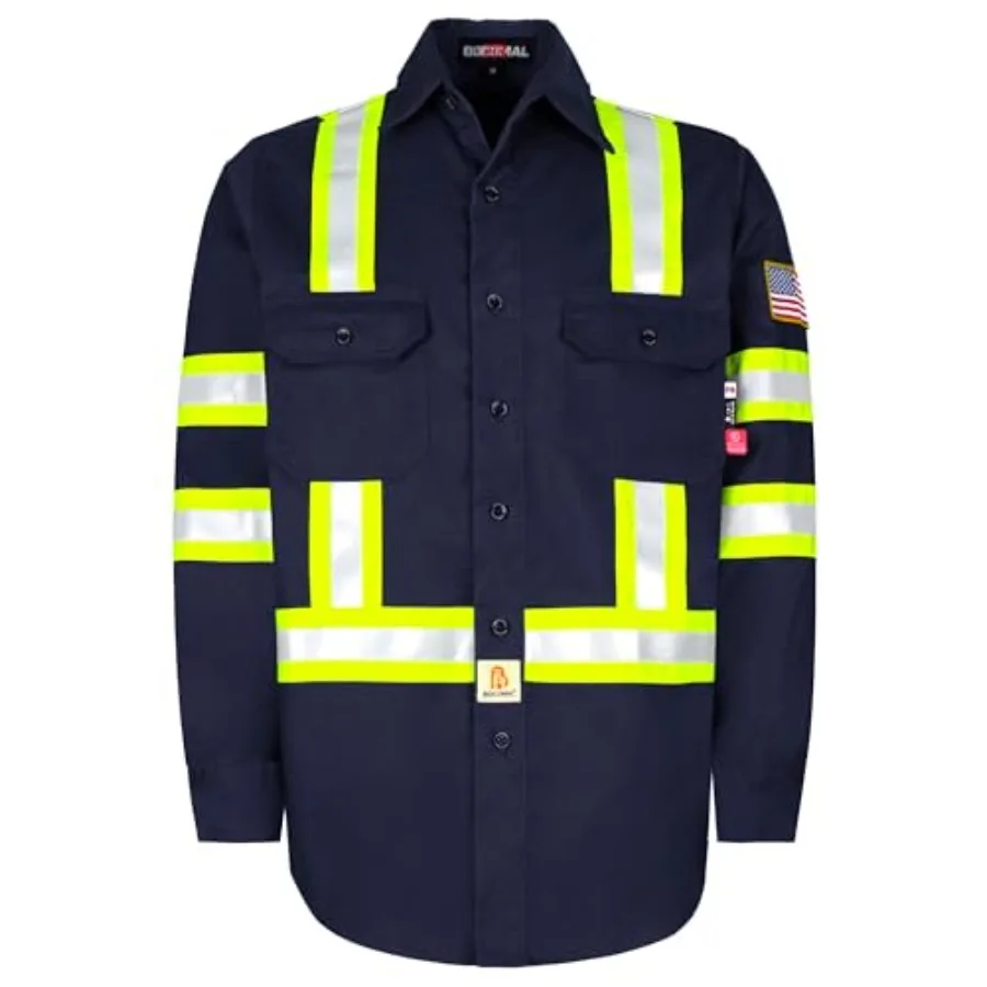 

BOCOMAL FR Shirts High Visibility Button Down 7.5oz ANSI/ISEA Type O Class1 Flame Resistant Hi Vis Refective Safety Jacket