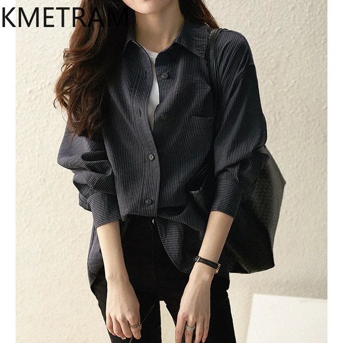 

KMETRAM 2025 весенняя полосатая блузка, женские модные топы с длинными рукавами для женской одежды, женские рубашки высокого качества, повседневные топы