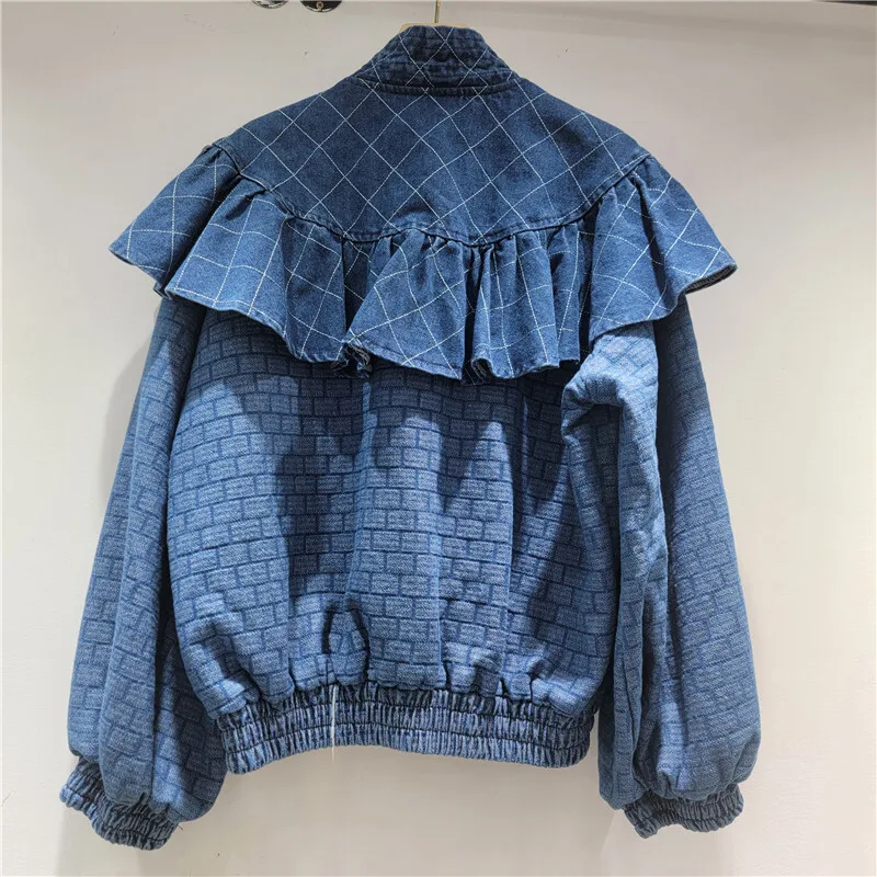 WTHT New Fashion Women's Spliced Shawl Collar Plaid Denim Jacket 2025 Autumn Trendy Long Sleeves Zipper Coat Female 1LS2261