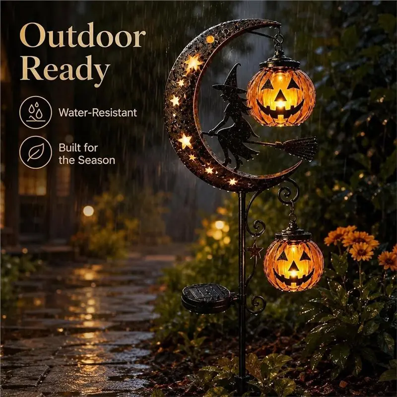 [ABFI!】 Solar Halloween Garden Stake Light With Included Pumpkin Lantern& Crescent Moon Decorations For Outdoor For Lawn Patio W