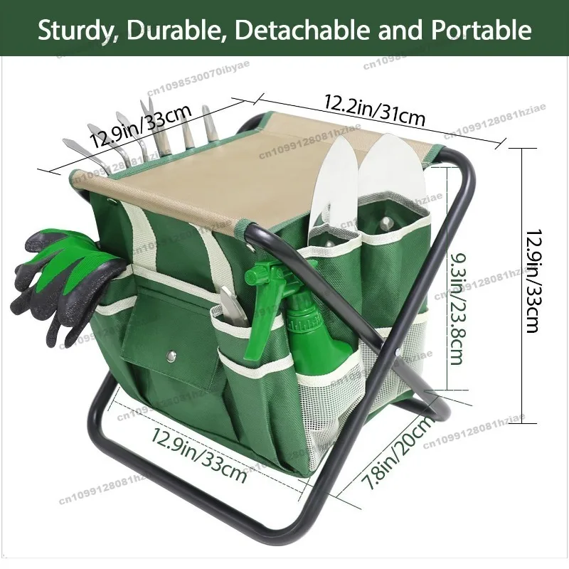 Garden Gardening Tools Set 10 Piece Set with Heavy Duty Folding Stool Detachable Storage Carrying Bag