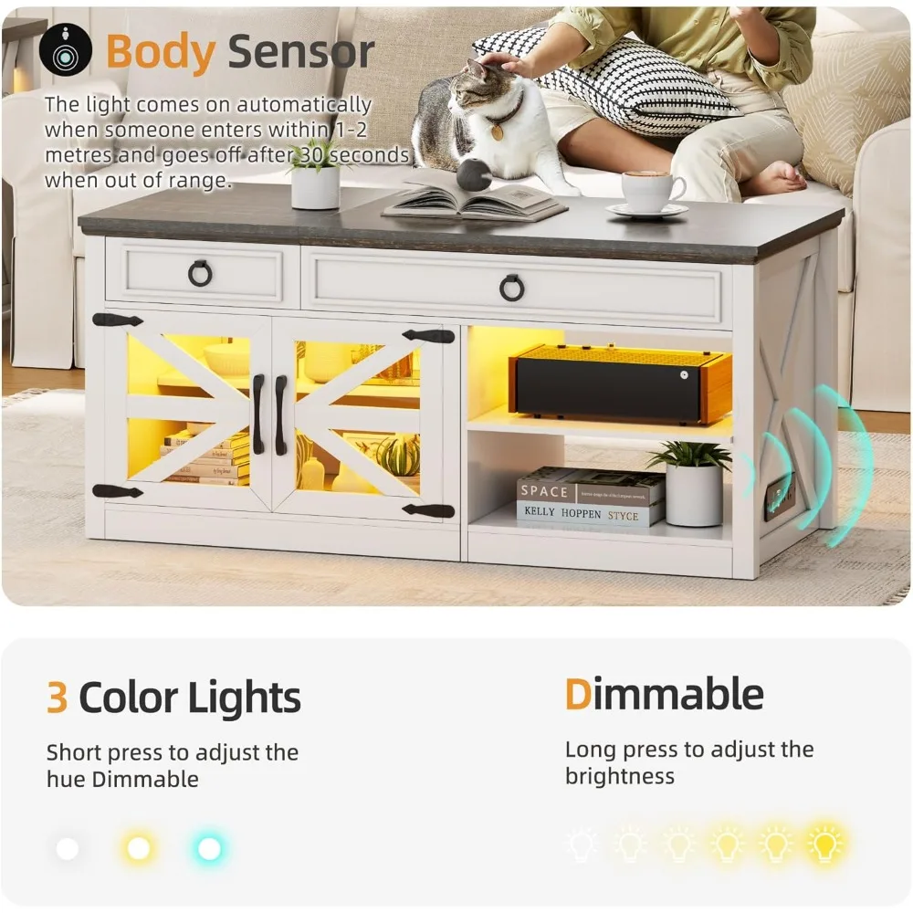 48 طاولة قهوة للمزرعة مع سطح رفع، طاولة مركزية LED مع ضوء مستشعر بشري، طاولة قهوة قابلة للرفع