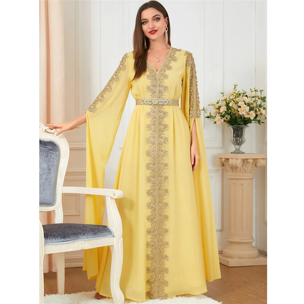 Elegante Stickerei Marokkanischen Jalabiya Abend Party Kleid frauen Lange Kleid mit Cape Hülse Dubai Abayas Kaftan Islamischen Vestidos
