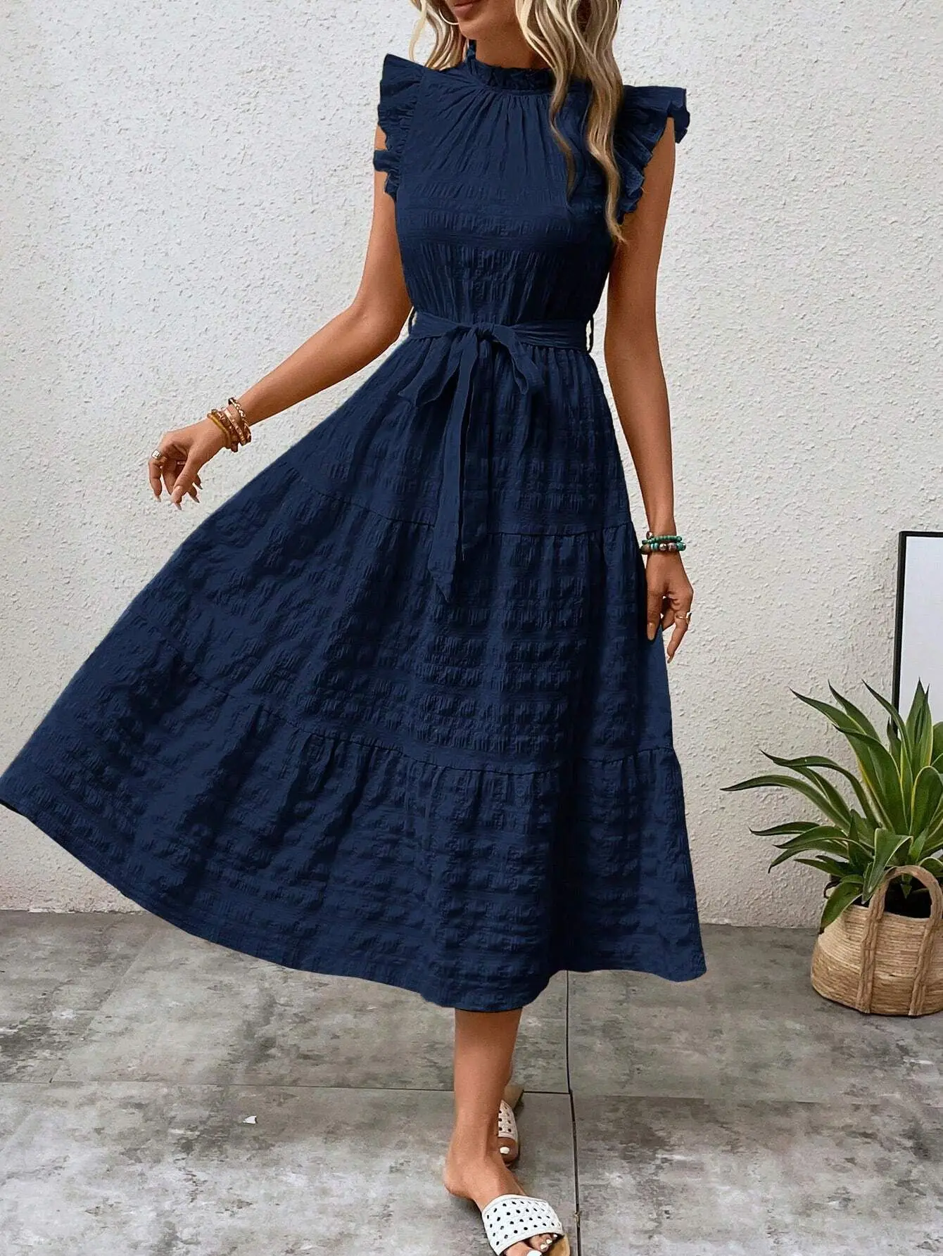 Dames zomermode oorrand kant-up textuur jurk jurk Koreaanse stijl vrouwen blauw vestidos femininos gewaad d\' Été gewaad rose