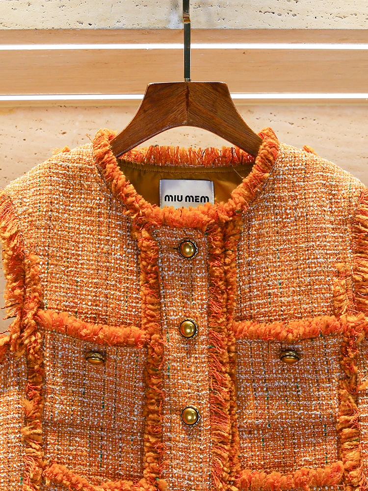 高級感のある秋のデザイン、タッセル付きラフツイードベストまたはアウターウェア、女性用通勤服、ポリエステル繊維スプライシング加工