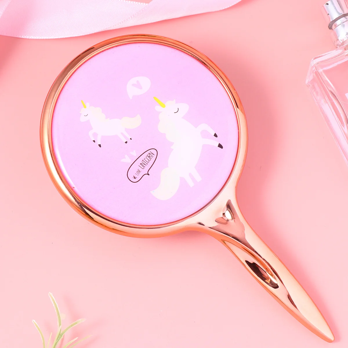 Mini miroir de maquillage rond Portable rose, miroir Compact à motif licorne élégant pour la maison, le Salon et les voyages