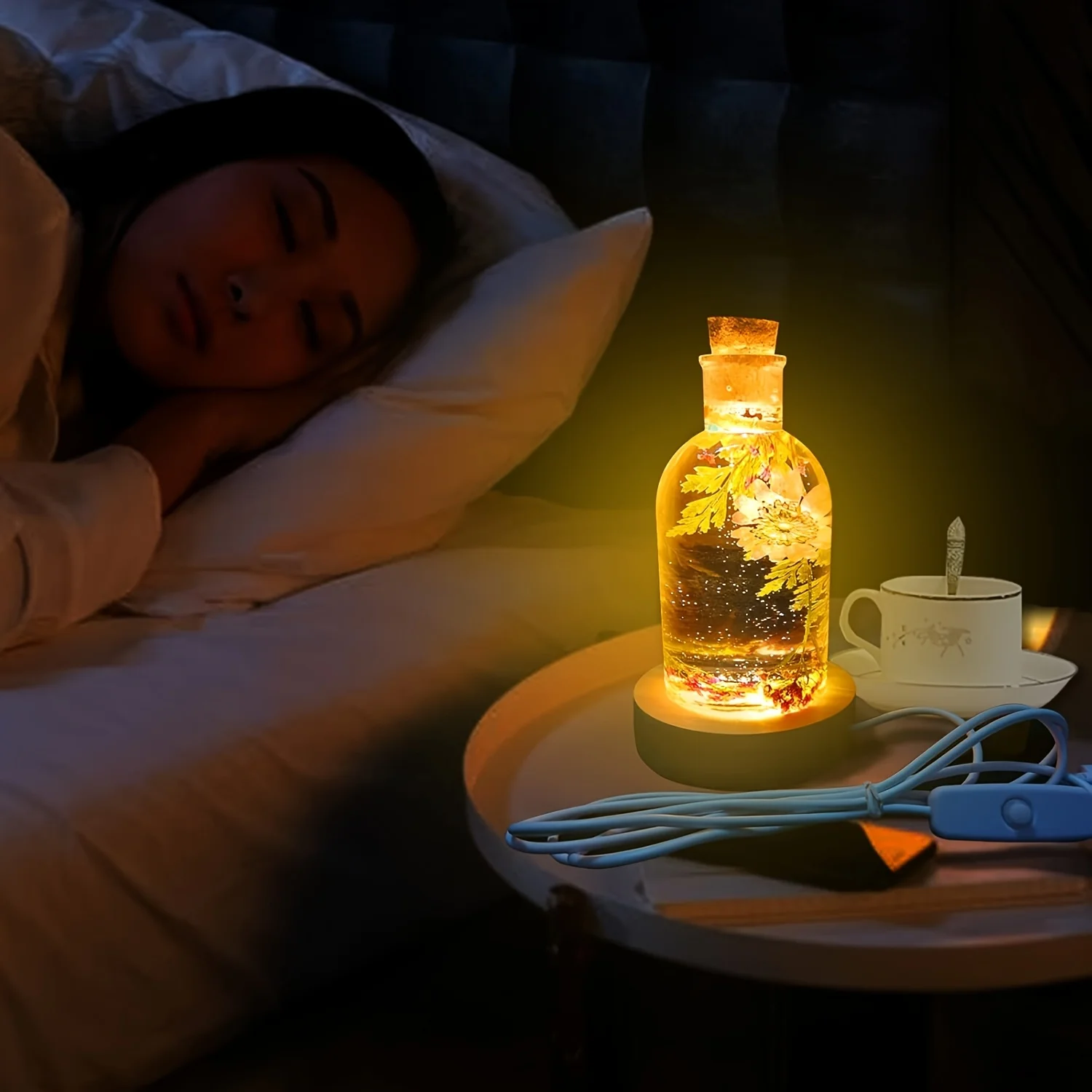 Drift Bottle Light Resin Mold Set, Led Lampshade Silicone Resin Mold, with a Usb-Powered Wooden Lighting Base and Five Wooden Cork Stoppers, Suitable for DIY Desktop Crafts, Parties, Weddings, Table Lamps, and Home Decoration Furnishing Ambiance, Creative Gifts, Holiday Gifts, Gifts for Family and Friends, Bedside Night Light - view 4