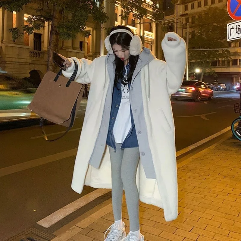 سترة كورية أنيقة طويلة بقلنسوة من لحم الضأن المخملي ملابس خارجية عصرية فضفاضة متعددة الاستخدامات لربيع 2025 نمط الكلية طازج حلو #3