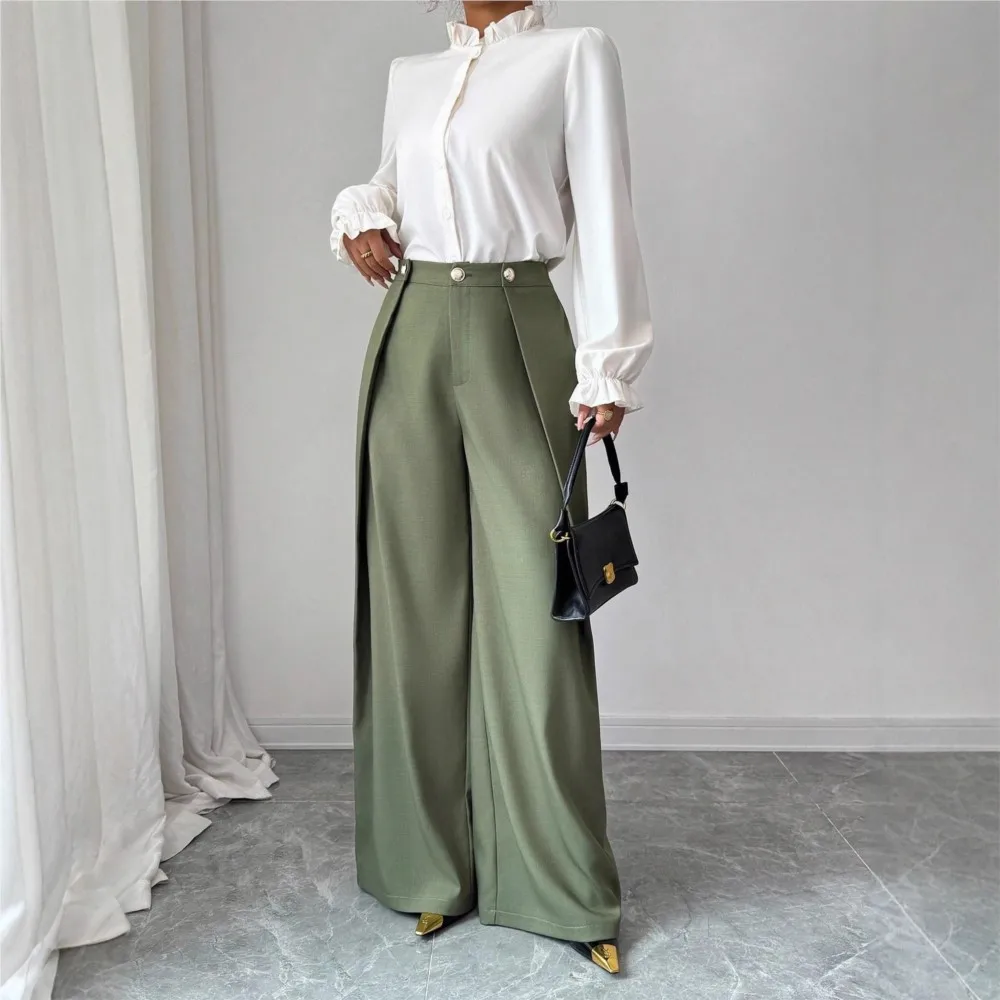Women Elegant Wide-leg Pants Pleated Texture Casual Pants Autumn Drapey Loosestraight Trousers Fashion Female Versatile Trousers