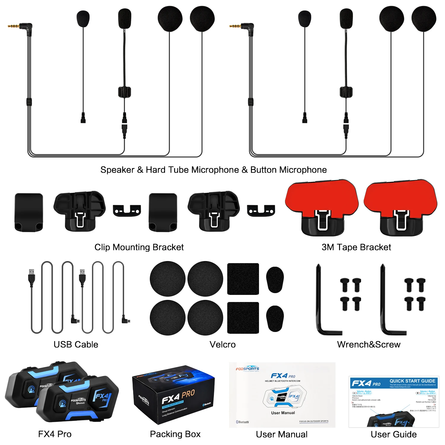 2 pcs Fodsports FX4 Pro Helmet Intercom Motorcycle Helmet Bluetooth Headset 4 Rider 1000m Interphone Intercomunicador,FM
