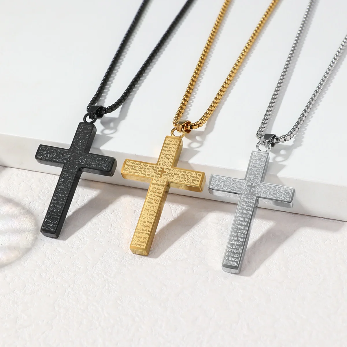 304 Stainless Steel Bible Verse Cross Pendant Necklace, Engraved with the Lord's Prayer, Christian Faith Chain Religious Baptism Gift