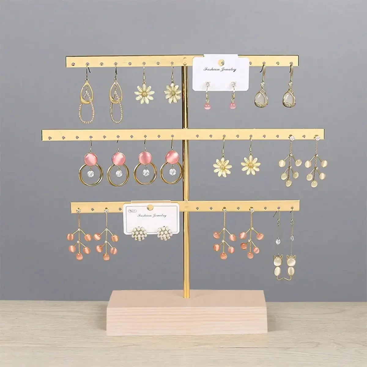 52 Holes Earrings Display Stand Metal Necklace Bracelet Anklet Stud Earring Jewelry Storage Rack Holder With Wooden Base