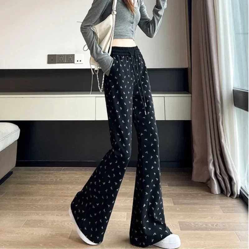 Bows Printed Flared Pants Women 2024 Autumn and Winter New Slim and Thin High Waist Office Lady Versatile Casual Trousers Female