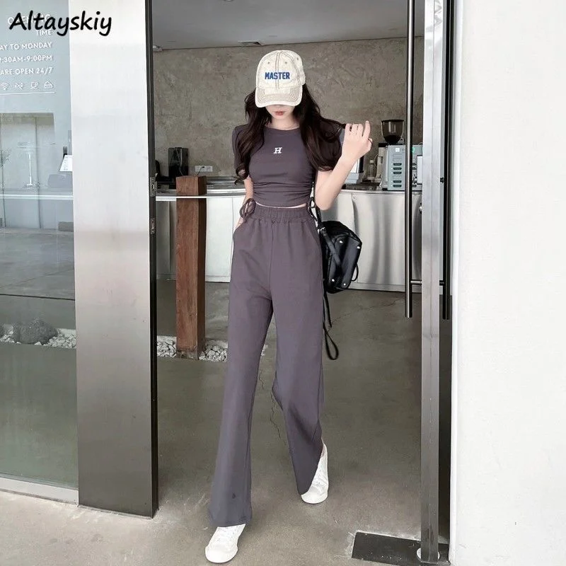 

Sets Women Crop T-shirts Short Sleeve Letter Wide Leg Pants Fashion Chic Ulzzang Summer Thin Streetwear Harajuku Girls Casual