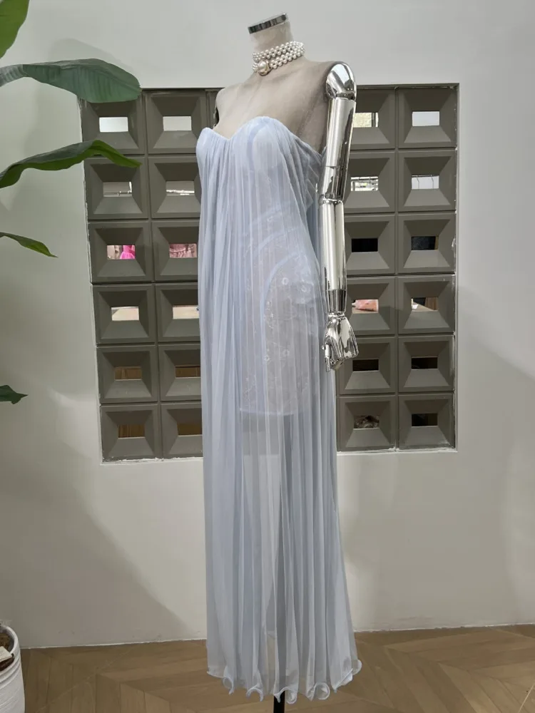 DFDG Elegant Designer StraplessจีบSheer-LaceชุดราตรีหลวมFitฤดูใบไม้ผลิและฤดูร้อนงานแต่งงานGala Party 2025