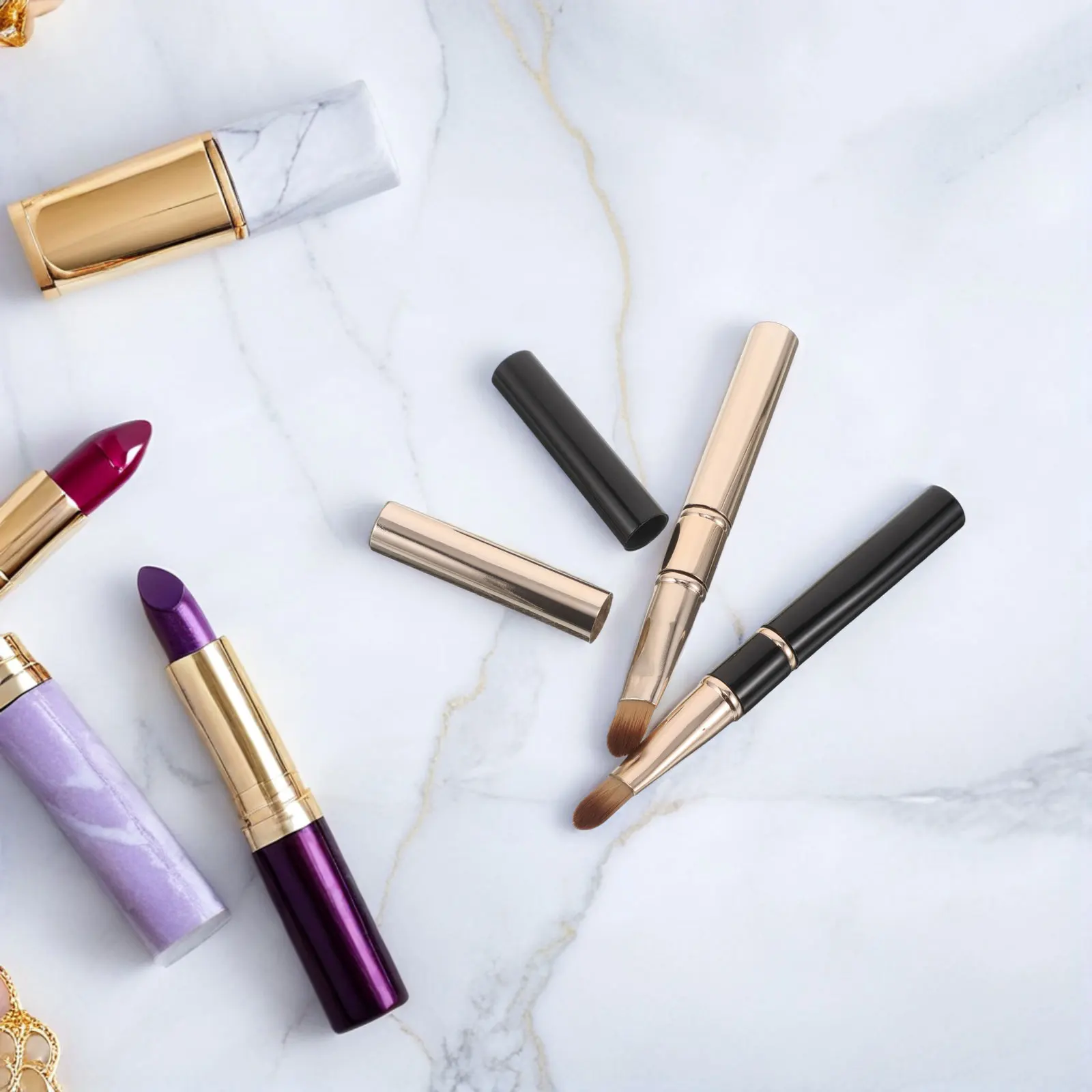 Pennello per labbra a doppia estremità da 2 pezzi Punta in silicone Testa tonda e piatta per un'applicazione precisa Miscelazione Rossetto Lucido Tinta Trucco da viaggio