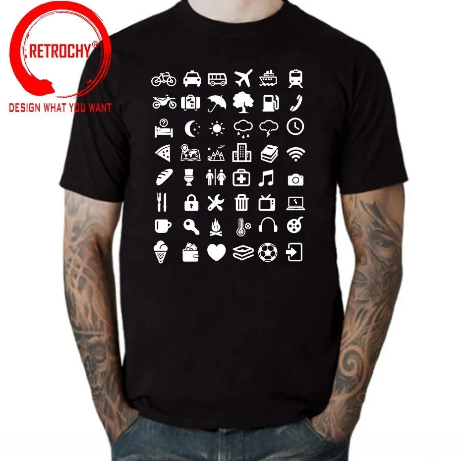 Funny Travel Icons Universal Language Men's T-Shirt Cool Travel Theme Ultra Slim Fit Nine Sleeve Length Henry Collar Style
