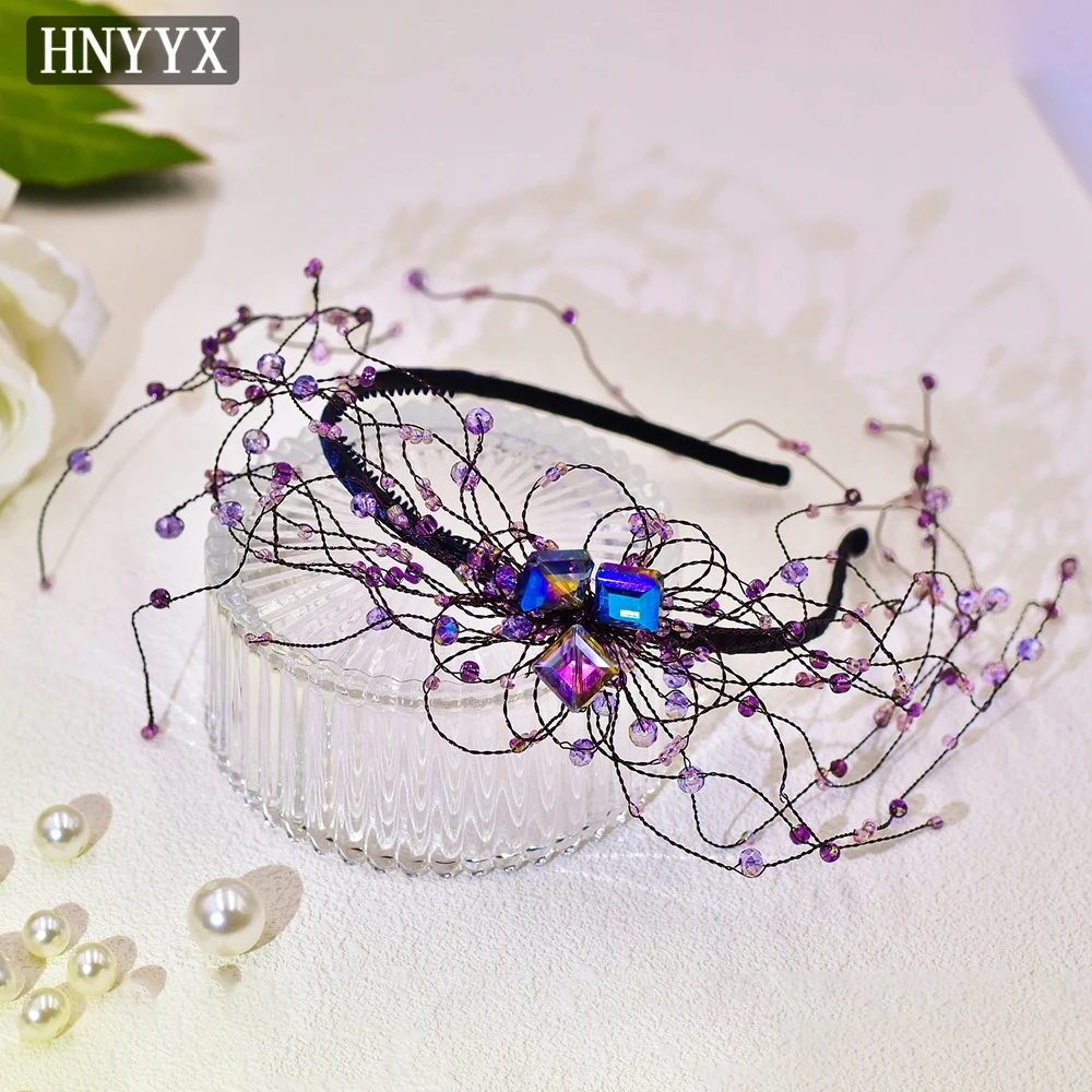 

Обруч для волос HNYYX с фиолетовыми искусственными волосами, модный головной убор, уникальный дизайн, Женская повязка на голову, длинный аксессуар для волос с кристаллами и бахромой, A24