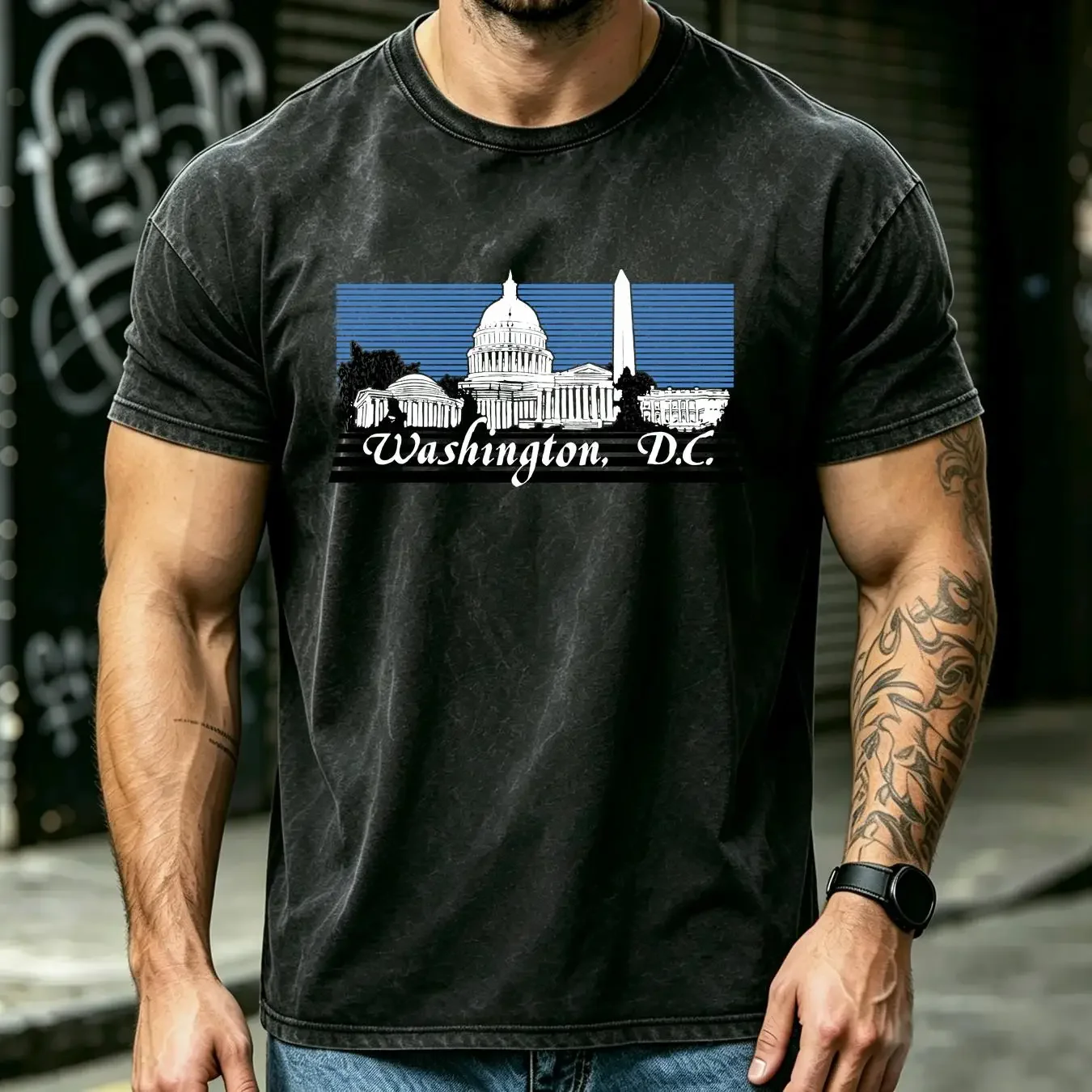 washed T Shirt 80s Washington D C US Monuments Large vintage Washed fashion Unisex Casual Soft streetwear Breathable homme