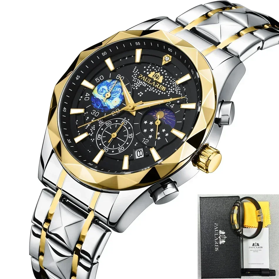 Luxury Watches for Men Luminous Chronograph Gold Blue Starry Sky Quartz Casual Diamond Shaped Bezel Stainless Steel Reloj Hombre