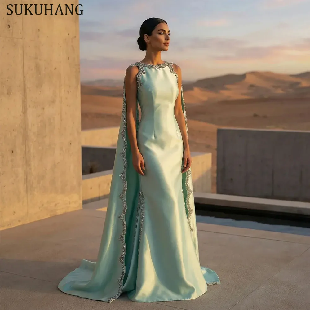 

SUKUHANG Green Satin Mermaid Long Evening Dresses with Wrap Floor Length Long Prom Women Dress Customized