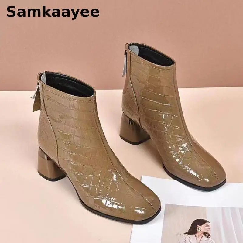 

Женские ботинки 34–41, весенне-осенняя обувь на высоком каблуке, кожаные ботильоны, женская однотонная повседневная обувь до середины икры на платформе с квадратным носком 5
