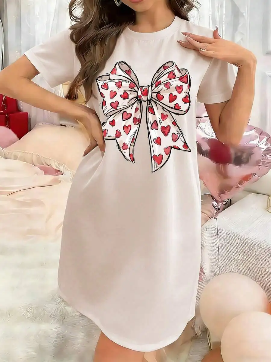 

Womens Loose Cotton Sleep Dress With Heart Bow Print Casual Nightwear