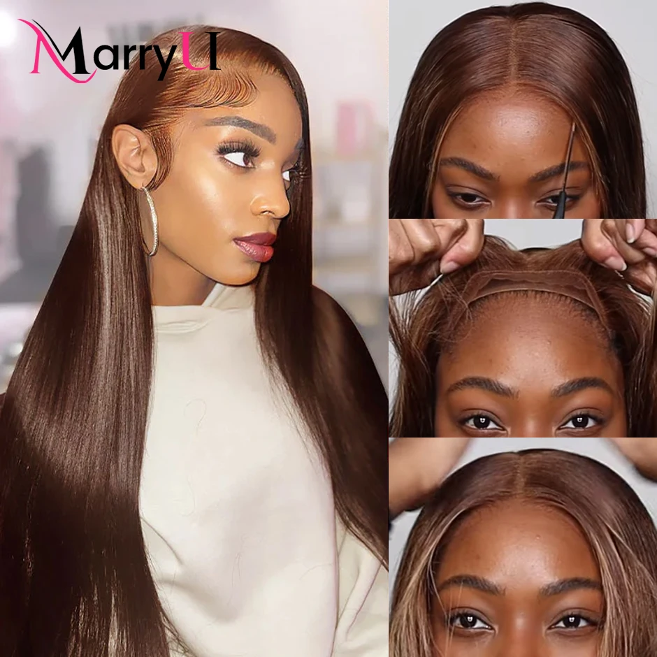 MARRYU-Perruque de Cheveux Humains Lisses Brun Chocolat pour Femme, Dentelle Prédécoupée, Sans Colle, #4, Pré-Plumés, HD