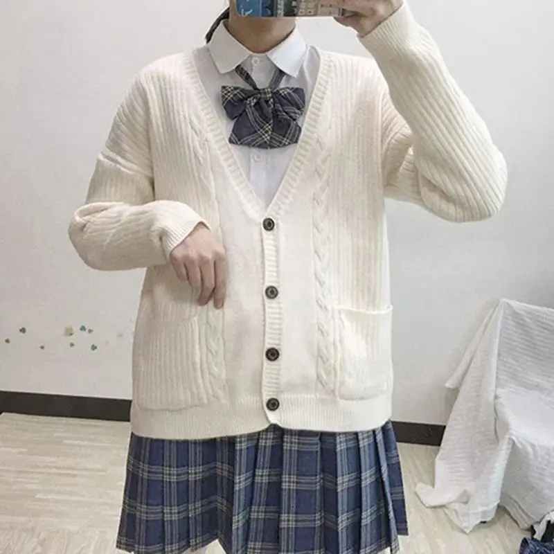 

Cardigan Women Autumn New Japanese Twist Knit Korean Style V-neck Basic Sweater Long Sleeve Simple Solid Pockets Preppy Trendy
