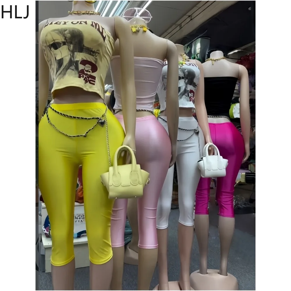 

HLJ 2026 New Women Casual 2Pcs Set Portrait Print Patchwork Tube Crop Top + High Waist Bodycon Capri Pants Female Streetwear