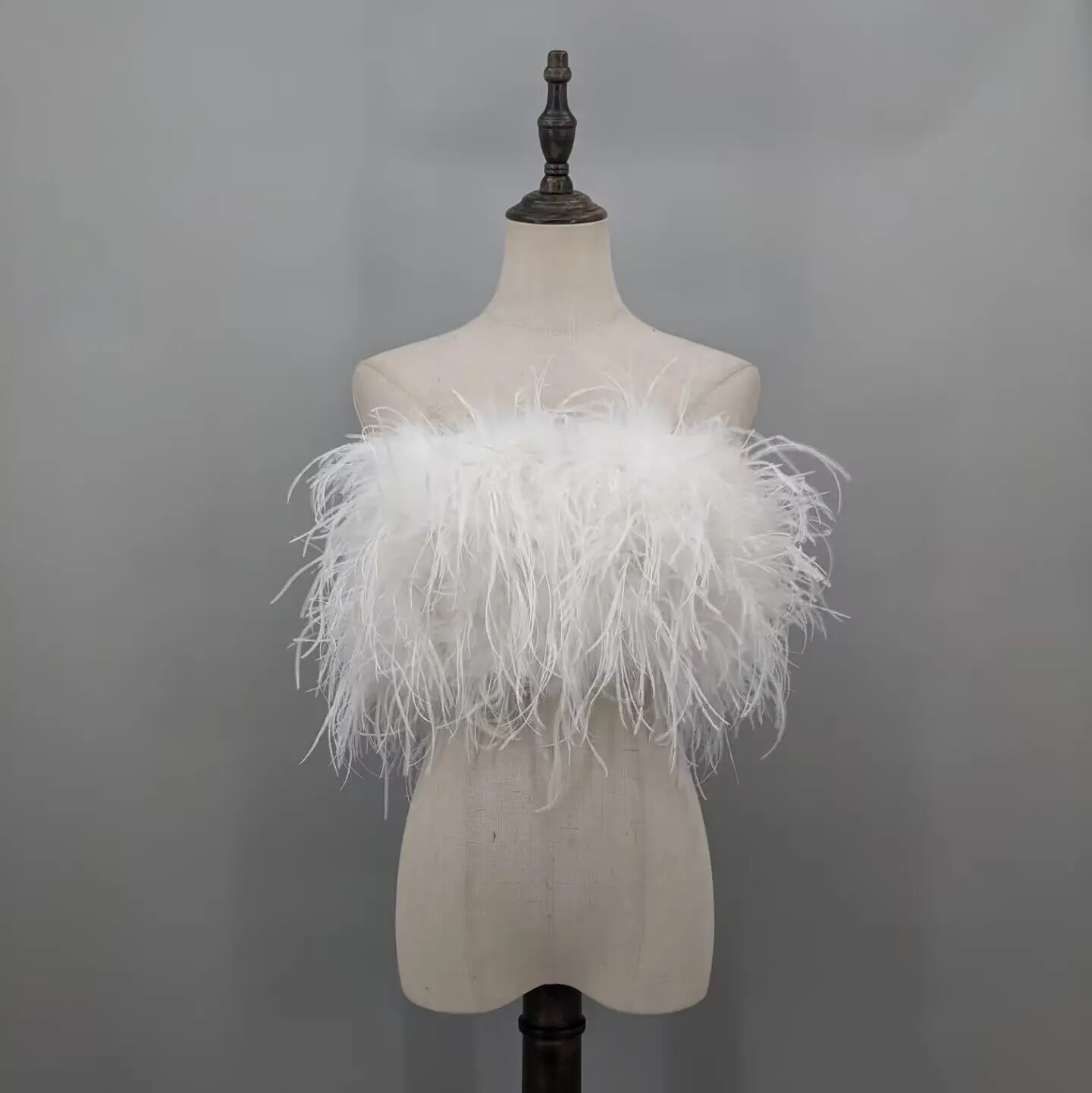 Women White Real Ostrich Feather Strapless Tube Top Off Shoulder Fluffy Crop Bustier Wedding Party Banquet Club Top 22A0618