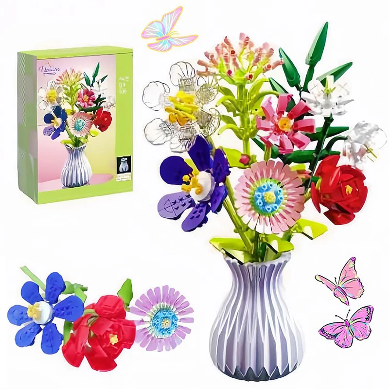 

730Pcs Flower Bouquet Building Sets with Vase Artificial Flowers Building Blocks Kit Home Decoration Botanical Collection Gifts