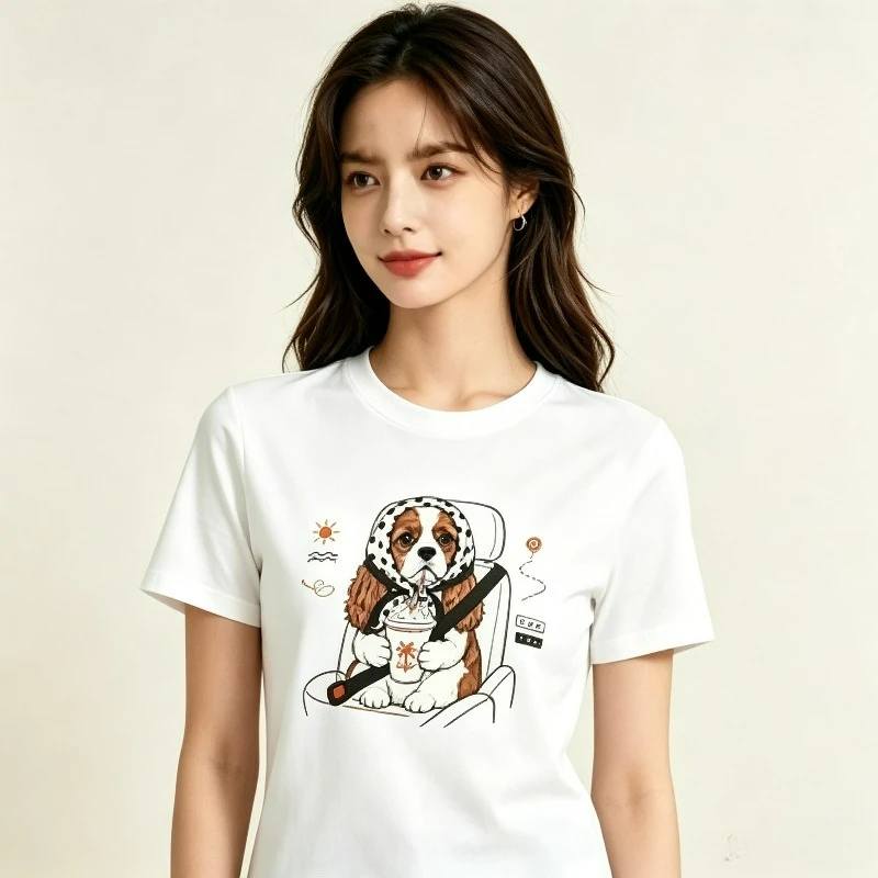 Cute Cartoon Dog Driving Print Women T-Shirt 100% Cotton Regular Fit Round Neck Short Sleeve Funny Casual Tee Daily Streetwear