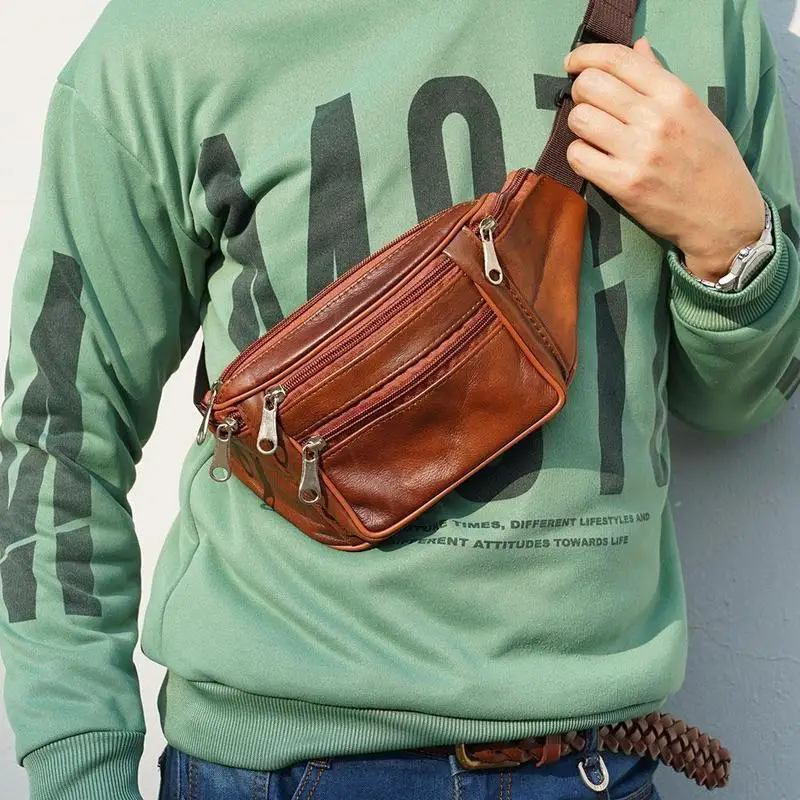 Large Capacity Waist Pack PU Leather Bag Waist Belt Bag Male Artificial Leather Fanny Pack for Site Workers Travel Phone Bag