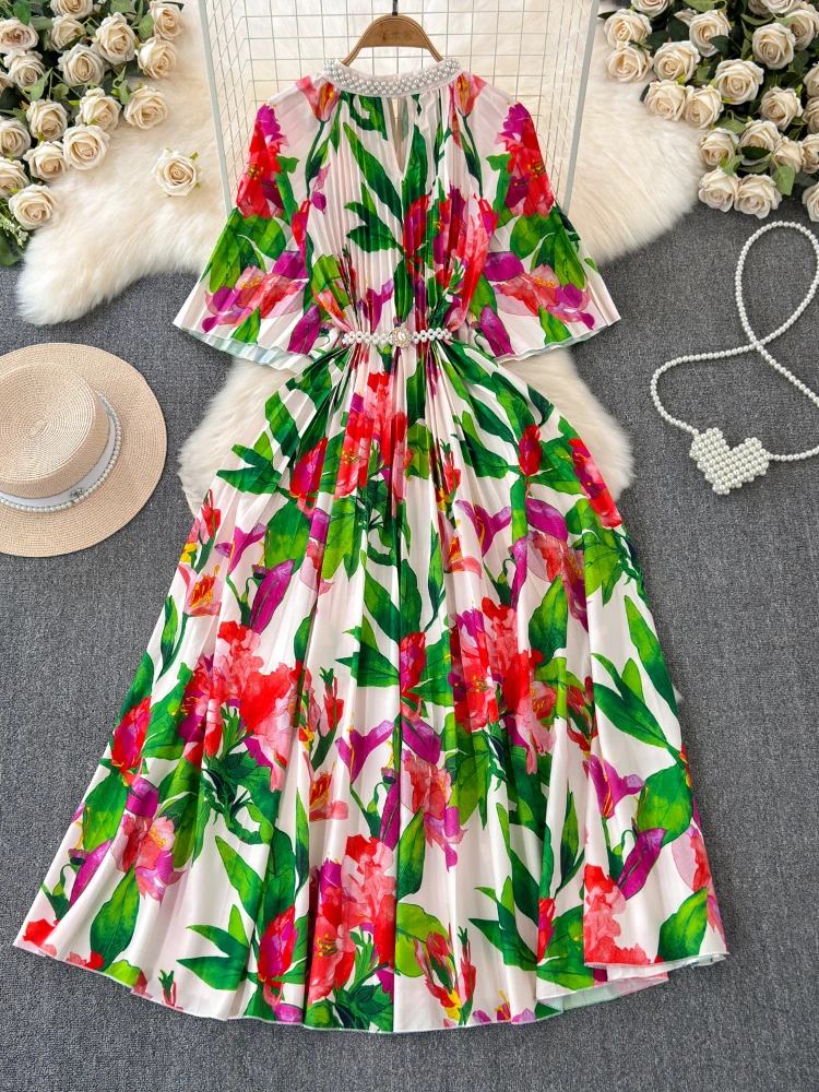 Women Vintage Floral Pleated Dress Spring Summer Stand Collar A-line Print Dresses Ladies Elegant Slim Evening Party Long Robe