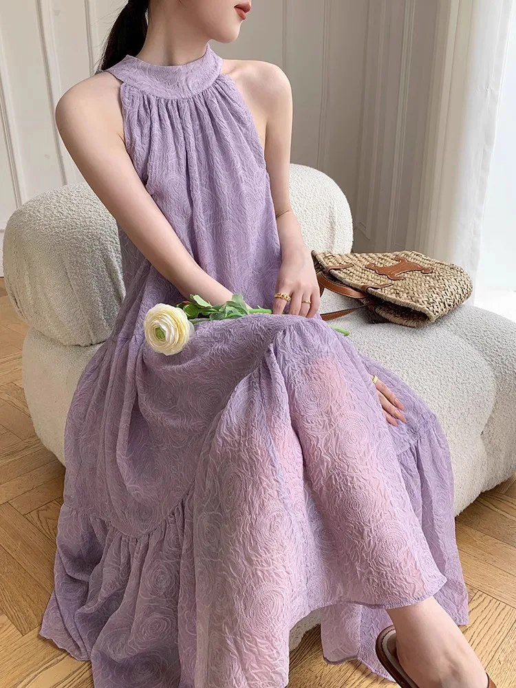 

Light Purple Neck Hanging Suspender Dress For Women'S Summer High-End Embossed Design Slim Fit Long Skirt