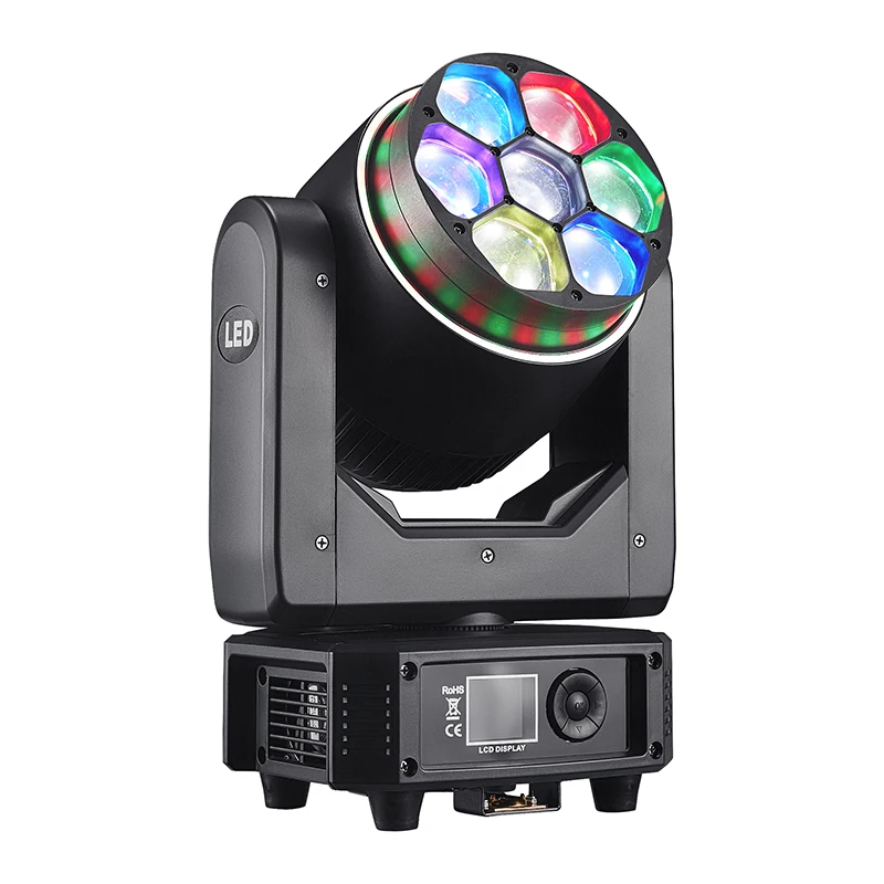 7x40W Mini Bee Eye Moving Head Light with LED Strip 500W DMX512 Sound Auto CTO Zoom 4.5-45 Stage Light for Disco Party