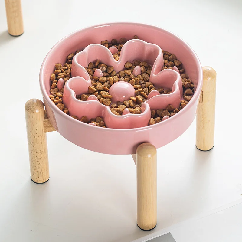 Ceramic Wooden frame Slow Eating To Prevent Choking Pet Bowls, Anti Overturning Large Caliber Neck Protection, Dog Cat Bowl, 1Pc
