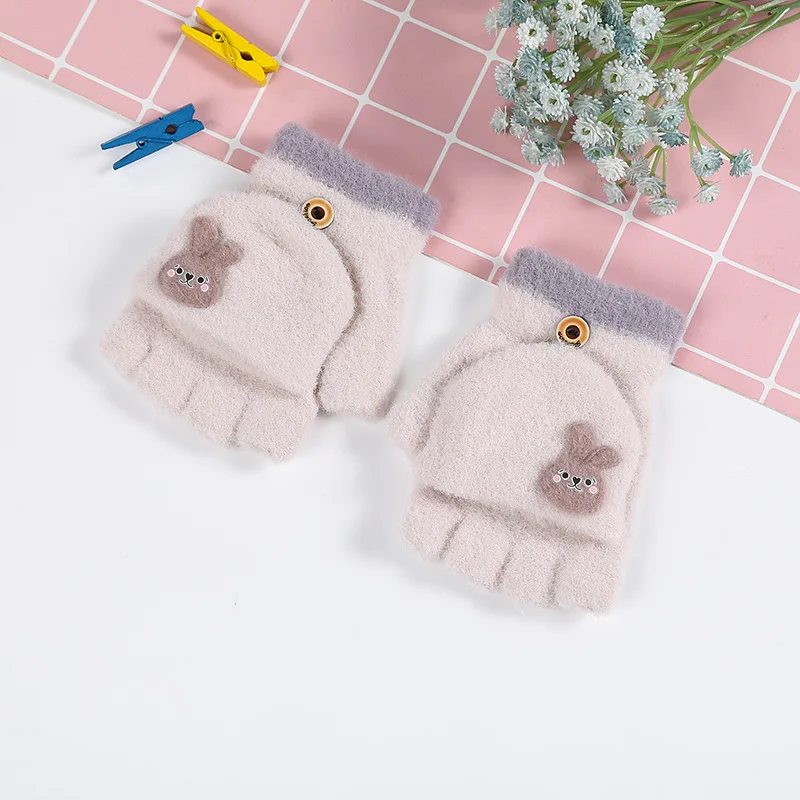 2024 New Winter Winter Winter Waterproof Children 3-8 Years Old Plush Rabbit Students Write Half Finger Baby Cartoon Gloves